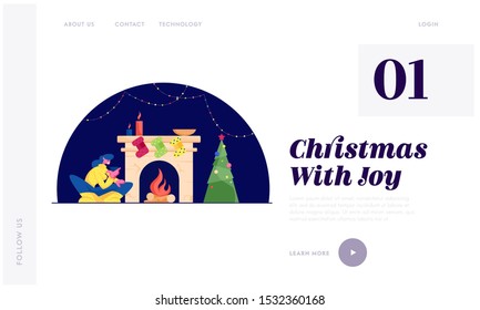 Christmas Night Website Landing Page. Happy Woman Sitting with Cup of Tea at Fireplace with Hanging Socks for Gifts, Burning Logs and Candles Tree Web Page Banner. Cartoon Flat Vector Illustration