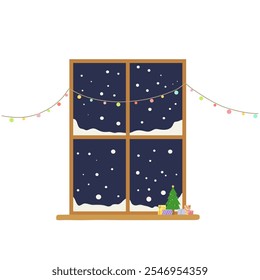 Christmas night window decorated with string lights and tiny Christmas tree and gifts with snow is falling outside. Illustration for Christmas festival decoration, festive, cozy night, winter season.