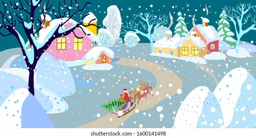 Christmas night winter decorative landscape in naive style, winter European village and Santa Claus on a sleigh with Christmas tree