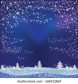 Christmas night in winter forest with trees and snowflakes