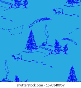 Christmas night, winter landscape, polar bear vector seamless pattern. Blue colors.