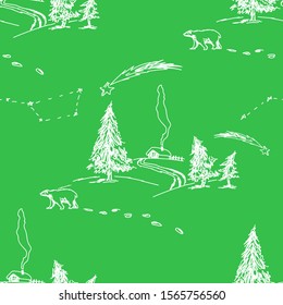 Christmas night, winter landscape, spruce, house, polar bear vector seamless pattern. Green background.