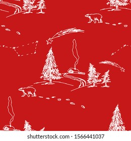 Christmas night, winter landscape, spruce, house, polar bear vector seamless pattern. Red background.