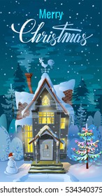 Christmas. Night of , Winter time, the Family house before a holiday. An illustration for card. New Year's poster