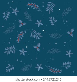 Christmas night-inspired seamless vector pattern, in blue and red colors. Merry Christmas and Winter Holiday decoration with stylized tree branches, mistletoe for winter decor and repeating pattern