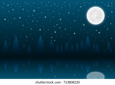 Christmas nighttime greeting. Winter landscape with coniferous forest and full moon. Vector illustration