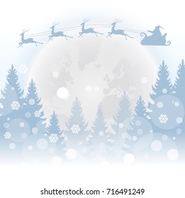 Christmas nighttime greeting. Winter landscape with coniferous forest full moon. Vector illustration