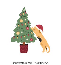 Christmas nighty cat climbing on fir-tree with balls and garlands, yellow kitten in red hat. Hand drawn vector illustration in cartoon style, New Year t-shirt or cards, isolated on white background