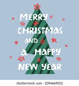 Christmas and NNew year colorful card with Christmas tree. Bright vector decor for web and print. 