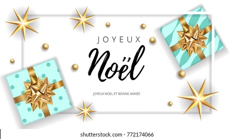 Christmas Noel modern white background with gifts box with a gold bow. Template for postcard, booklet, leaflet, poster. Vector illustration EPS10 congratulation French text Joyeux Noel