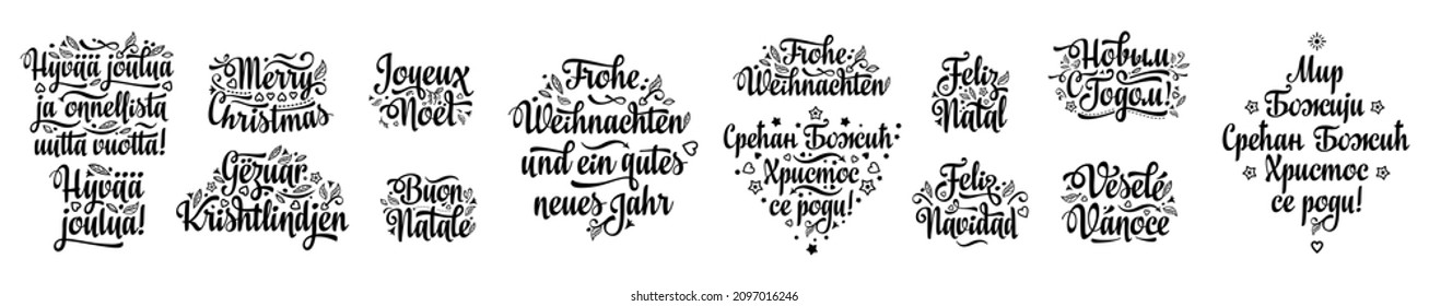 Christmas Noel Navidad Natal Weihnachten Christmas lettering in different languages Spanish, French, Czech, Italian, Russian, American, German, Portuguese, Serbian, Finnish, Albanian, Cyrillic phrase