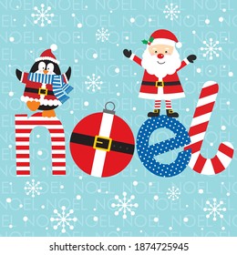 Christmas noel, santa and penguin for greeting card or gift bag and box design