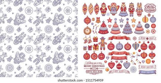 Christmas. Noel. Weihnachten. Christmas Angel, Nutcracker, Santa, Christmas toys, clock watches, snowflake, socks, heart, Christmas reindeer Rudolph, gingerbread man, lettering Xmas seamless pattern