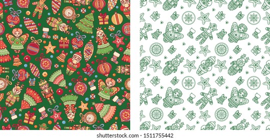 Christmas. Noel. Weihnachten. Christmas Angel, Nutcracker, Santa, Christmas toys, clock watches, snowflake, socks, heart, Christmas reindeer Rudolph, gingerbread man, lettering green seamless pattern