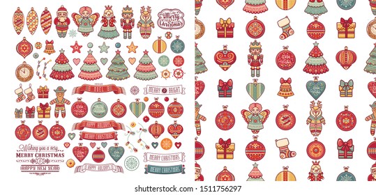 Christmas. Noel. Weihnachten. Christmas Angel, Nutcracker, Santa, Christmas toys, clock watches, snowflake, socks, heart, Christmas reindeer Rudolph, gingerbread man, lettering Xmas seamless pattern