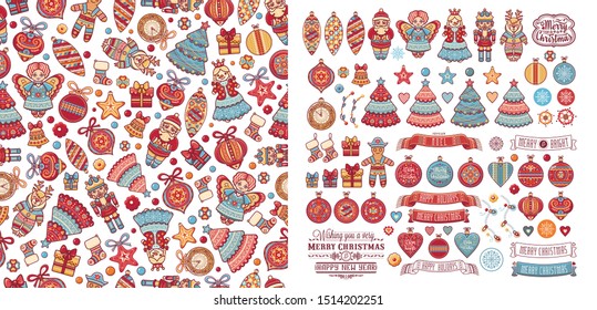 Christmas. Noel. Weihnachten. Christmas Angel, Nutcracker, Santa, Christmas toys, clock watches, snowflake, socks, heart, Christmas reindeer Rudolph, gingerbread man, lettering Xmas seamless pattern