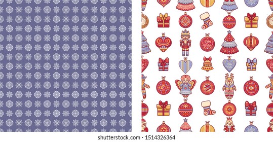 Christmas. Noel. Weihnachten. Christmas Angel, Nutcracker, Santa, Christmas toys, clock watches, snowflake, socks, heart, Christmas reindeer Rudolph, gingerbread man, lettering Xmas seamless pattern