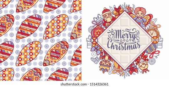 Christmas. Noel. Weihnachten. Christmas seamless pattern and lettering greeting card. Angel, Nutcracker, Santa, Christmas toys, clock watches, snowflake, socks, heart, Christmas reindeer Rudolph