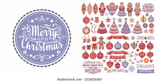 Christmas. Noel. Weihnachten. Christmas seamless pattern and lettering greeting card. Angel, Nutcracker, Santa, Christmas toys, clock watches, snowflake, socks, heart, Christmas reindeer Rudolph