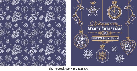 Christmas. Noel. Weihnachten. Christmas seamless pattern and lettering greeting card. Beautiful Christmas lilac purple violet lavender pattern and lettering greeting card