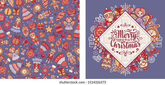 Christmas. Noel. Weihnachten. Christmas seamless pattern and lettering greeting card. Angel, Nutcracker, Santa, Christmas toys, clock watches, snowflake, socks, heart, Christmas reindeer Rudolph