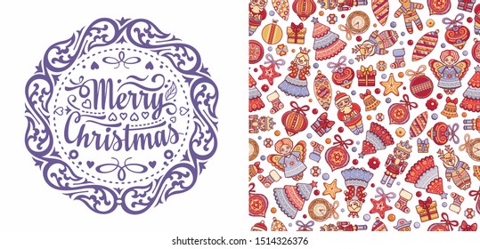 Christmas. Noel. Weihnachten. Christmas seamless pattern and lettering greeting card. Angel, Nutcracker, Santa, Christmas toys, clock watches, snowflake, socks, heart, Christmas reindeer Rudolph