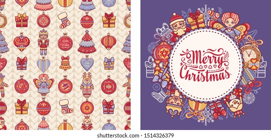 Christmas. Noel. Weihnachten. Christmas seamless pattern and lettering greeting card. Angel, Nutcracker, Santa, Christmas toys, clock watches, snowflake, socks, heart, Christmas reindeer Rudolph