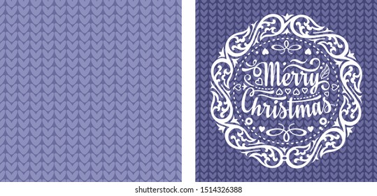 Christmas. Noel. Weihnachten. Christmas seamless pattern and lettering greeting card. Beautiful knitting Christmas lilac purple violet lavender pattern and lettering greeting card