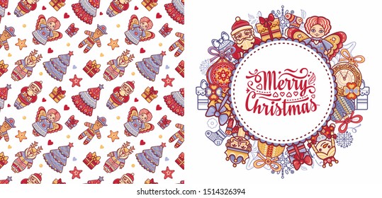 Christmas. Noel. Weihnachten. Christmas seamless pattern and lettering greeting card. Angel, Nutcracker, Santa, Christmas toys, clock watches, snowflake, socks, heart, Christmas reindeer Rudolph