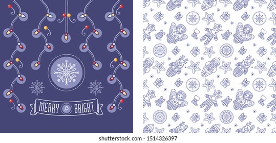 Christmas. Noel. Weihnachten. Christmas seamless pattern and lettering greeting card. Lilac purple violet lavender Christmas. Angel, Nutcracker, Santa, Christmas toys, clock watches, snowflake, socks