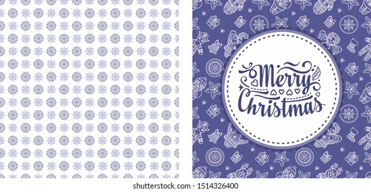 Christmas. Noel. Weihnachten. Christmas seamless pattern and lettering greeting card. Lilac purple violet lavender Christmas. Angel, Nutcracker, Santa, Christmas toys, clock watches, snowflake, socks