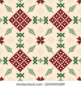 Christmas Nordic Cross Stitch Pattern – Seamless Traditional Embroidery Design. Perfect for Christmas-themed textiles, gift wrap, digital backgrounds or holiday crafts. Ideal for use in fabric prints.
