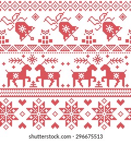 Christmas Nordic Cross Stitch Pattern, Embroidery, Including Reindeer, Snowflake, Star, Xmas Tree, Bell, Presents In Red, Seamless