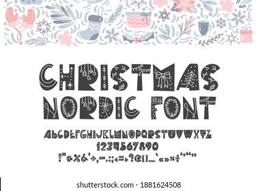 Christmas nordic hand drawn font. Vector Abc holiday scandinavian alphabet isolated on white background. Merry Christmas and Happy New Year symbols.