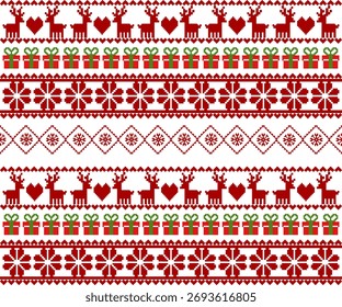 Navidades Patrón de píxeles nórdicos Diseño de invierno de renos y copos de nieve rojo, blanco y verde