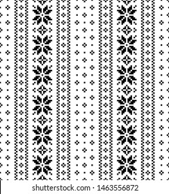 Christmas nordic pixel pattern vector. Seamless traditional ethnic background in black and white with vertical decorative borders. Classic winter pattern design for wrapping, packaging, or textile.