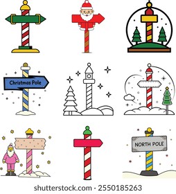 Christmas North Pole Signs Bundle – Festive Signpost Vector Illustrations