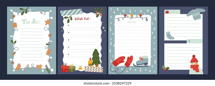 Christmas notepad paper pages, cute wish letter, to-do list templates to Santa Claus cartoon vector illustration. Blank postcards with winter holiday ornaments and colorful festive decoration