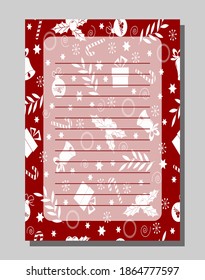 Christmas notepad theme on red background. Blank template for to-do list and notes. For scrapbooking, albums and diaries. Vector illustration.