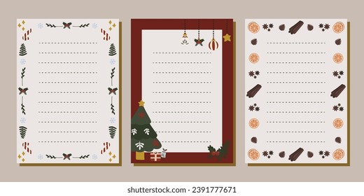 Plantilla de impresión de notas de Navidad y cartas. Ilustración plana colorida. Para carta de invierno, scrapbooking, invitación, saludos