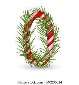 Christmas number 0, candy cane with branch of christmas tree, fir. Isolated on white background. Holiday design, decor. Vector illustration.