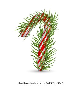 Christmas number 1, candy cane with branch of christmas tree, fir. Isolated on white background. Holiday design, decor. Vector illustration.