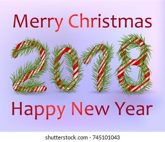 Christmas number 2018, candy cane with branch of christmas tree, fir. Isolated on blue background. Red lettering Happy New Year, Merry Christmas. Holiday design, decor. Vector illustration.