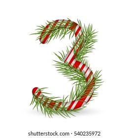 Christmas number 3, candy cane with branch of christmas tree, fir. Isolated on white background. Holiday design, decor. Vector illustration.