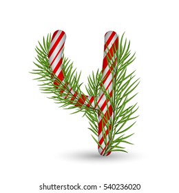 Christmas number 4, candy cane with branch of christmas tree, fir. Isolated on white background. Holiday design, decor. Vector illustration.