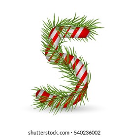 Christmas number 5, candy cane with branch of christmas tree, fir. Isolated on white background. Holiday design, decor. Vector illustration.