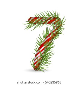 Christmas number 7, candy cane with branch of christmas tree, fir. Isolated on white background. Holiday design, decor. Vector illustration.