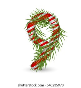 Christmas number 9, candy cane with branch of christmas tree, fir. Isolated on white background. Holiday design, decor. Vector illustration.
