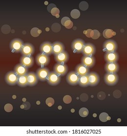 Christmas numbers 2021 from New Year's garlands, lights, lamps, lights on a black background as a celebration concept. Vector stock illustration with christmas card, greeting with symbol 2021