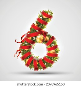 Christmas numbers decorated with fir branches, red ribbon and balls. Very realistic illustration.